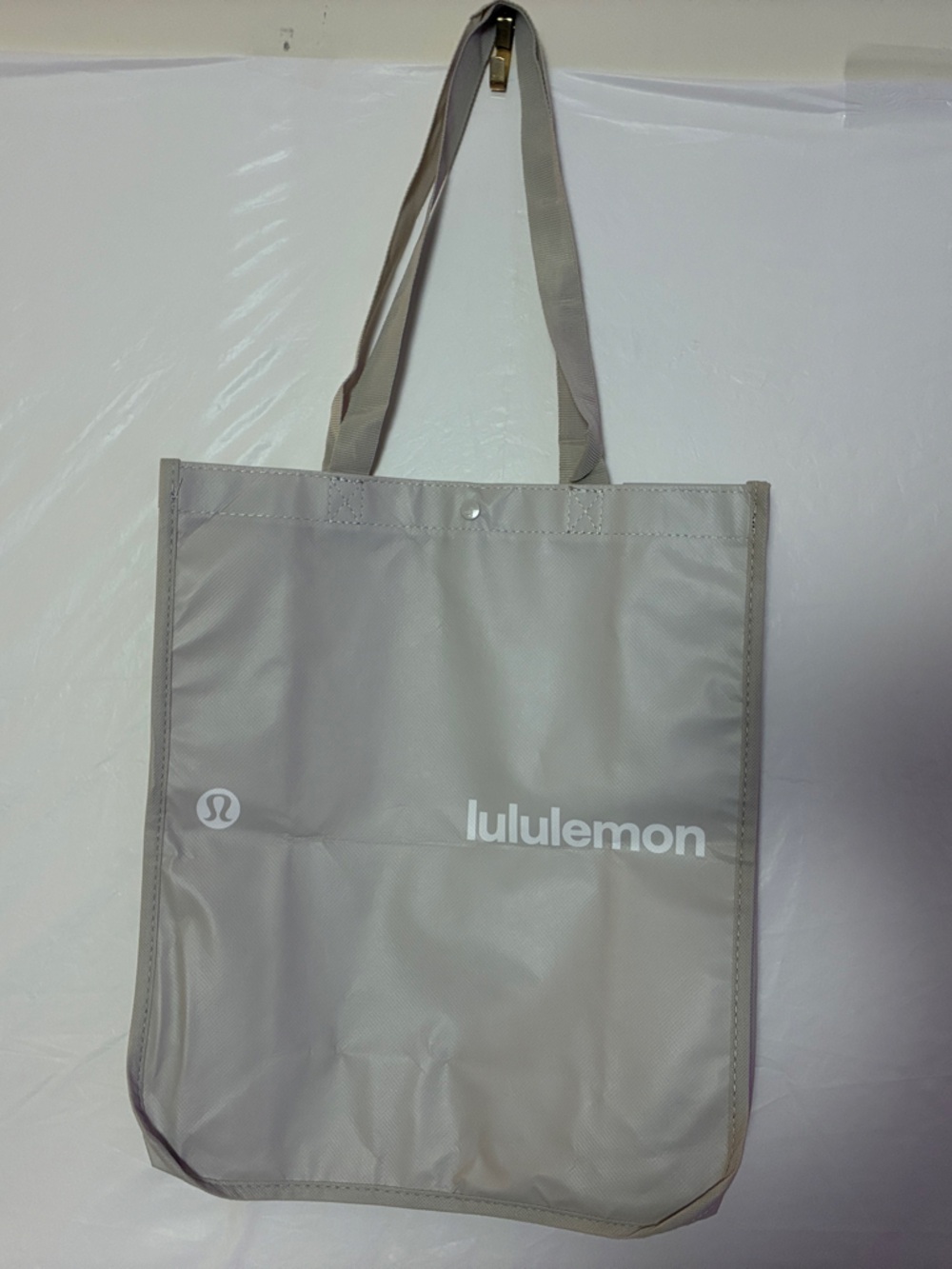 Lululemon Reusable Shopping Tote Bag Large Tan Beige Logo Shopper Snap